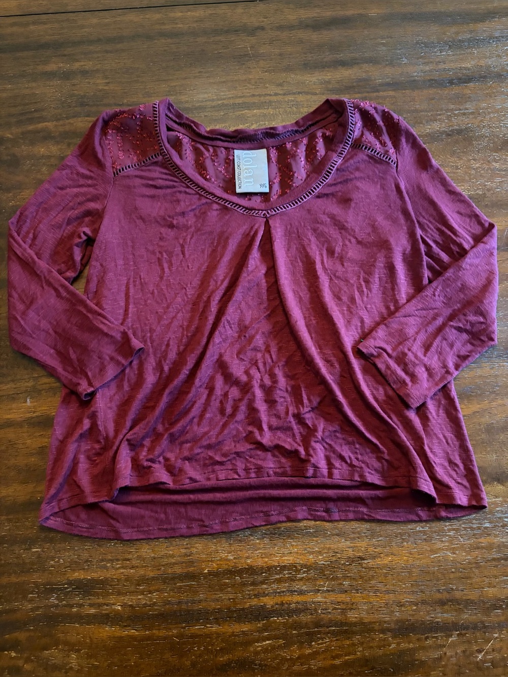 Anthropologie Dolan Left Coast Burgundy Sheer Yoke Long Sleeve Top XS Boho